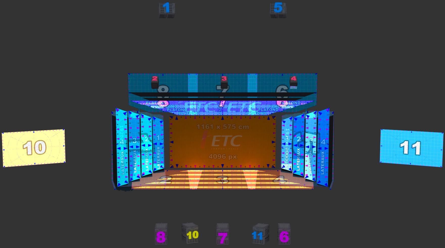 a 3d view of the video mapping screen and the twenty front video projectors grouped into ten DUAL impacts