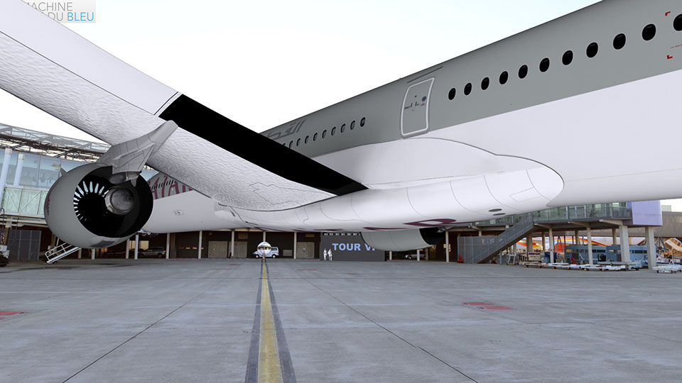 the 3d model of the Airbus A350-1000 inside a 360° panoramic photo