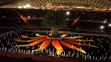 a photo of the Athens stadium in Greece during the opening ceremony of the Summer Paralimpics Games in 2004